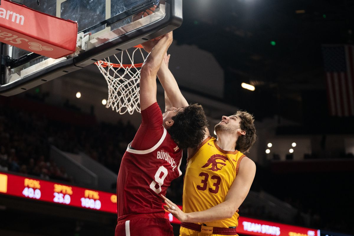 USC Trojans Forward Jaden Brownell (33) goes up with his defender and blocks his shot during a men's college basketball game against the Nebraska Cornhuskers, Saturday February 28th, 2026 at Galen Center in Los Angeles, Calif. USC Trojans Forward Jaden Brownell (33) goes up with his defender and blocks his shot during a men's college basketball game against the Nebraska Cornhuskers, Saturday February 28th, 2026 at Galen Center in Los Angeles, Calif.