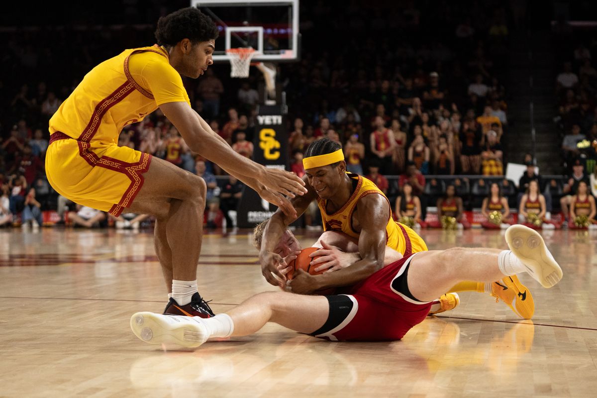 USC Trojans Guard Jerry Easter II (8) dives on the floor for a loose ball during a men's college basketball game against the Nebraska Cornhuskers, Saturday February 28th, 2026 at Galen Center in Los Angeles, Calif. USC Trojans Guard Jerry Easter II (8) dives on the floor for a loose ball during a men's college basketball game against the Nebraska Cornhuskers, Saturday February 28th, 2026 at Galen Center in Los Angeles, Calif.