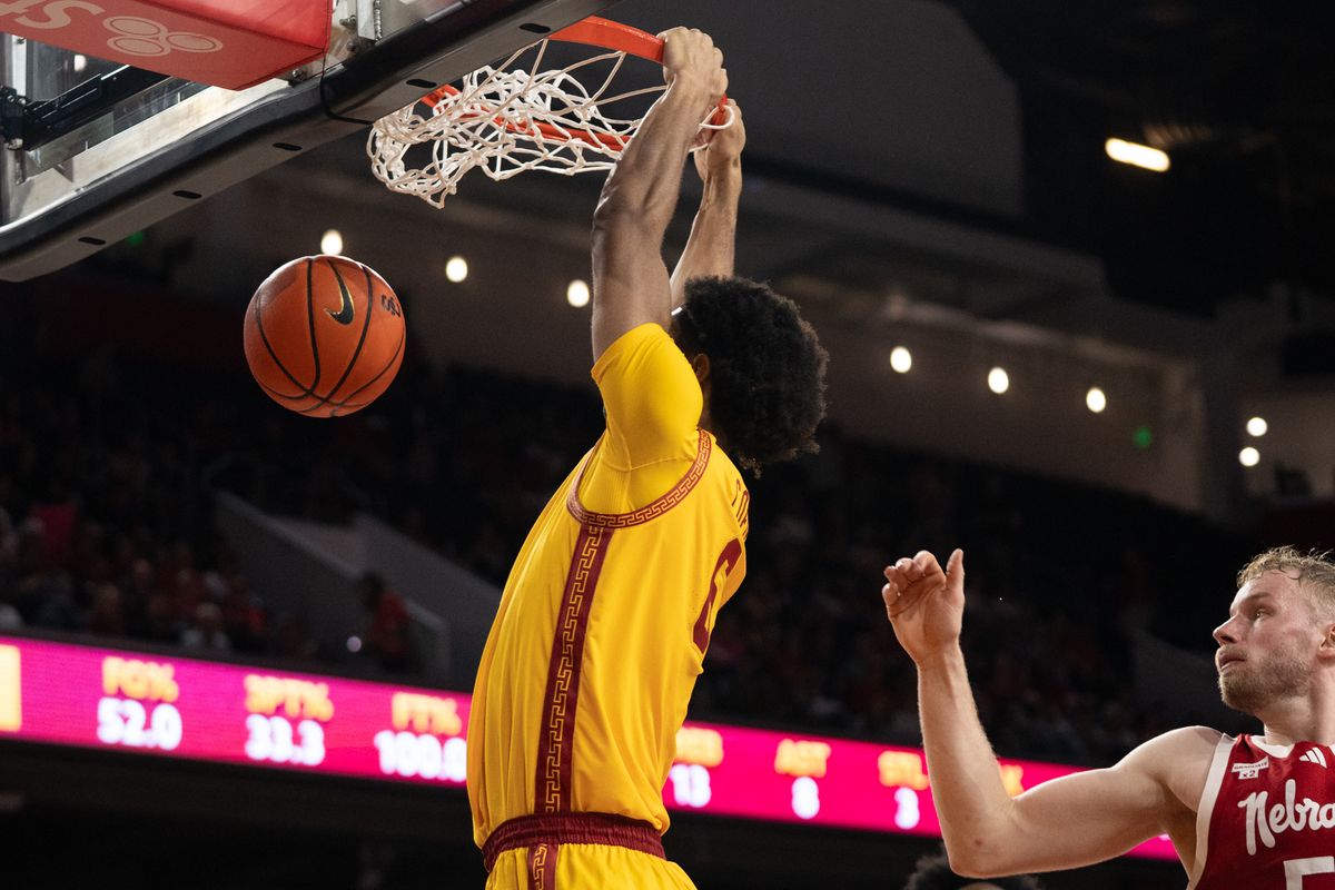 USC Trojans Forward Jacob Cofie (6) attacks the rim and finishes with a slam during a men's college basketball game against the Nebraska Cornhuskers, Saturday February 28th, 2026 at Galen Center in Los Angeles, Calif. USC Trojans Forward Jacob Cofie (6) attacks the rim and finishes with a slam during a men's college basketball game against the Nebraska Cornhuskers, Saturday February 28th, 2026 at Galen Center in Los Angeles, Calif.