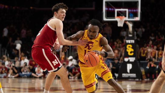 USC Trojans Guard Kam Woods (13) drives by his defender while getting grabbed during a men's college basketball game against the Nebraska Cornhuskers, Saturday February 28th, 2026 at Galen Center in Los Angeles, Calif.