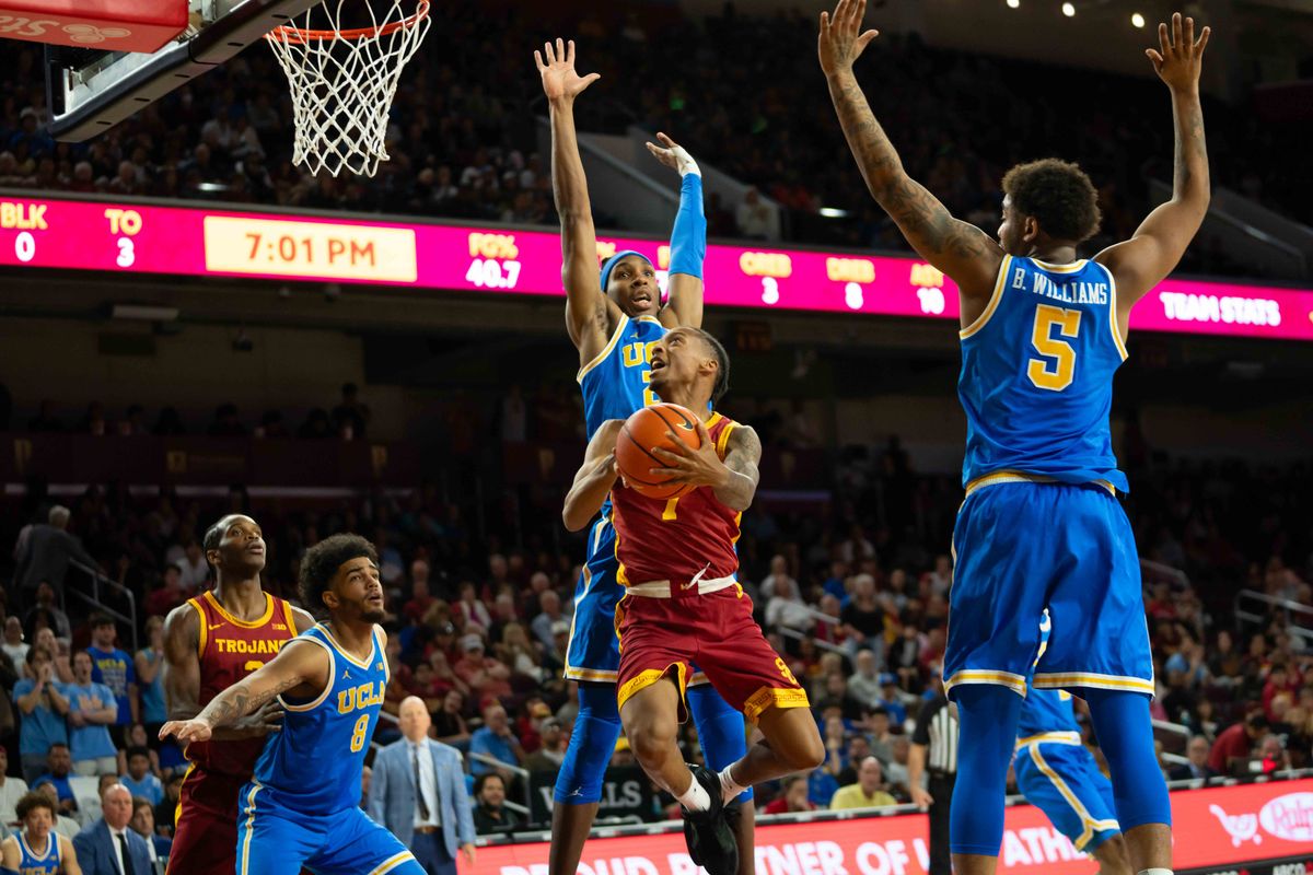 USC guard Jordan Marsh (7) attacks the basket during a Big 10 basketball game against UCLA, on Saturday,March 7th, 2026 in Los Angeles, California