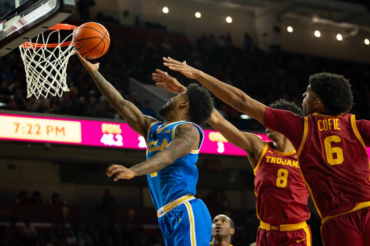UCLA guard Donovan Dent (2) attacks the basket during a Big 10 basketball game against USC, on Saturday,March 7th, 2026 in Los Angeles, California