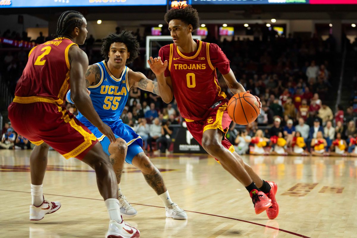 USC guard Alijah Arenas (0) driving into the lane during a Big 10 basketball game against UCLA, on Saturday,March 7th, 2026 in Los Angeles, California