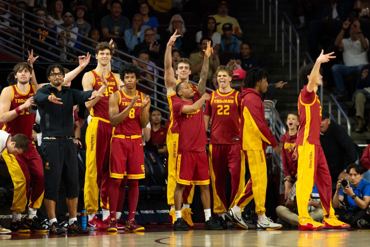 USC bench celebrates a made shot during a Big 10 basketball game against UCLA, on Saturday,March 7th, 2026 in Los Angeles, California