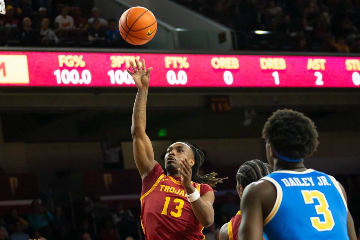 USC guard Kam Woods (13) takes a floater during a Big 10 basketball game against UCLA, on Saturday,March 7th, 2026 in Los Angeles, California