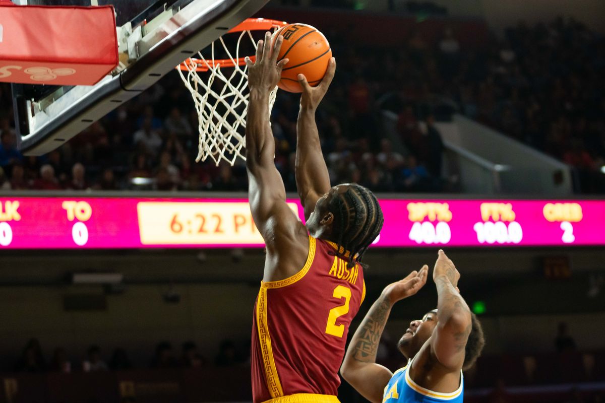 USC forward Ezra Ausar (2) attacks the basket during a Big 10 basketball game against UCLA, on Saturday,March 7th, 2026 in Los Angeles, California