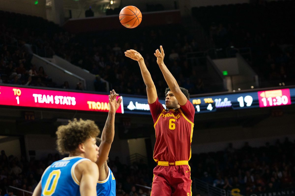 USC forward Jacob Cofie (6) shoots the ball during a Big 10 basketball game against UCLA, on Saturday,March 7th, 2026 in Los Angeles, California