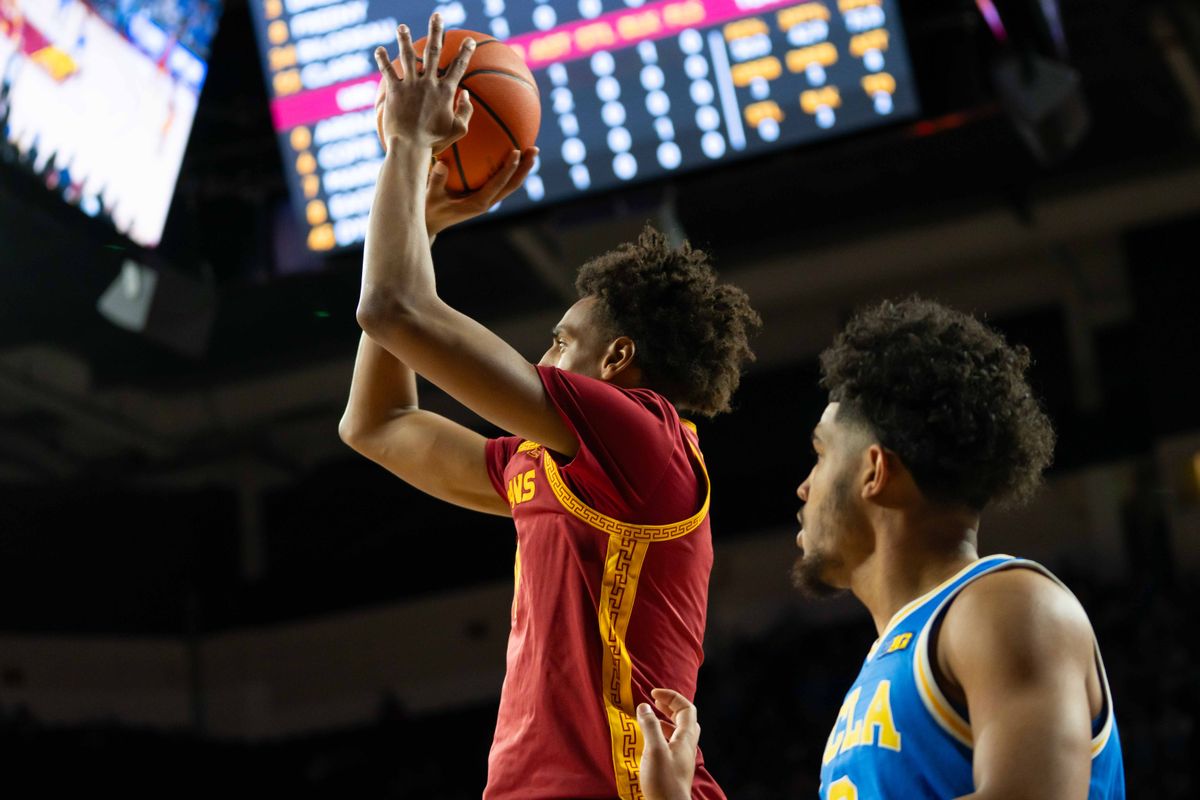USC guard Alijah Arenas (0) shoots the ball during a Big 10 basketball game against UCLA, on Saturday,March 7th, 2026 in Los Angeles, California