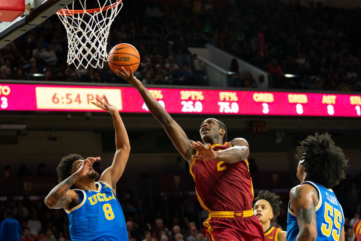 USC forward Ezra Ausar (2) takes a lay-up during a Big 10 basketball game against UCLA, on Saturday,March 7th, 2026 in Los Angeles, California