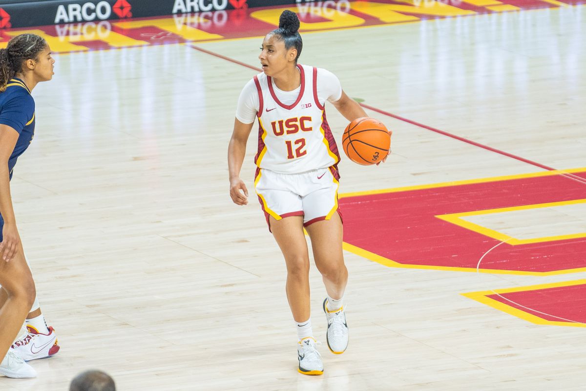 USC guard Juju Watkins (12) surveys the floor in a game against Notre Dame, Saturday November 23, 2024 in Los Angeles, Calif.