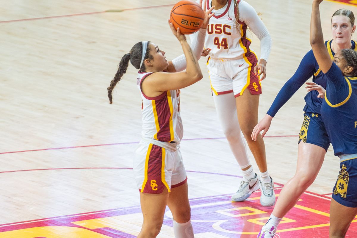 USC guard Talia von Oelhoffen (55) goes up for a shot in a game against Notre Dame, Saturday November 23, 2024 in Los Angeles, Calif.