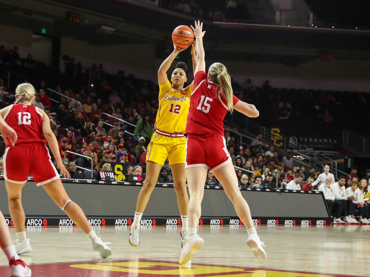 USC G (12) JuJu Watkins goes up for a jump shot against the Nebraska Cornhuskers on January 1, 2025 at the Galen Center in Los Angeles, CA.