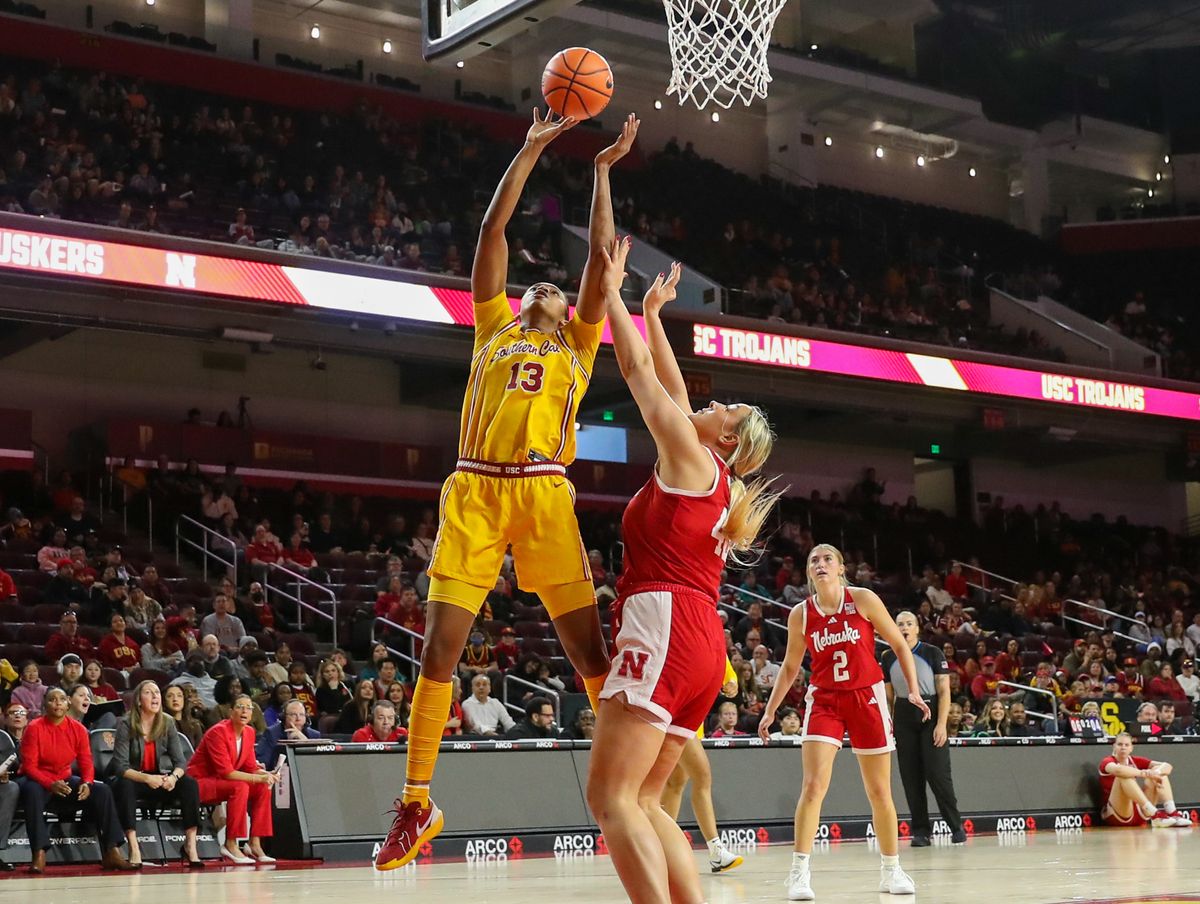USC C/F (13) Rayah Marshall goes up for a layup against the Nebraska Cornhuskers on January 1, 2025 at the Galen Center in Los Angeles, CA.