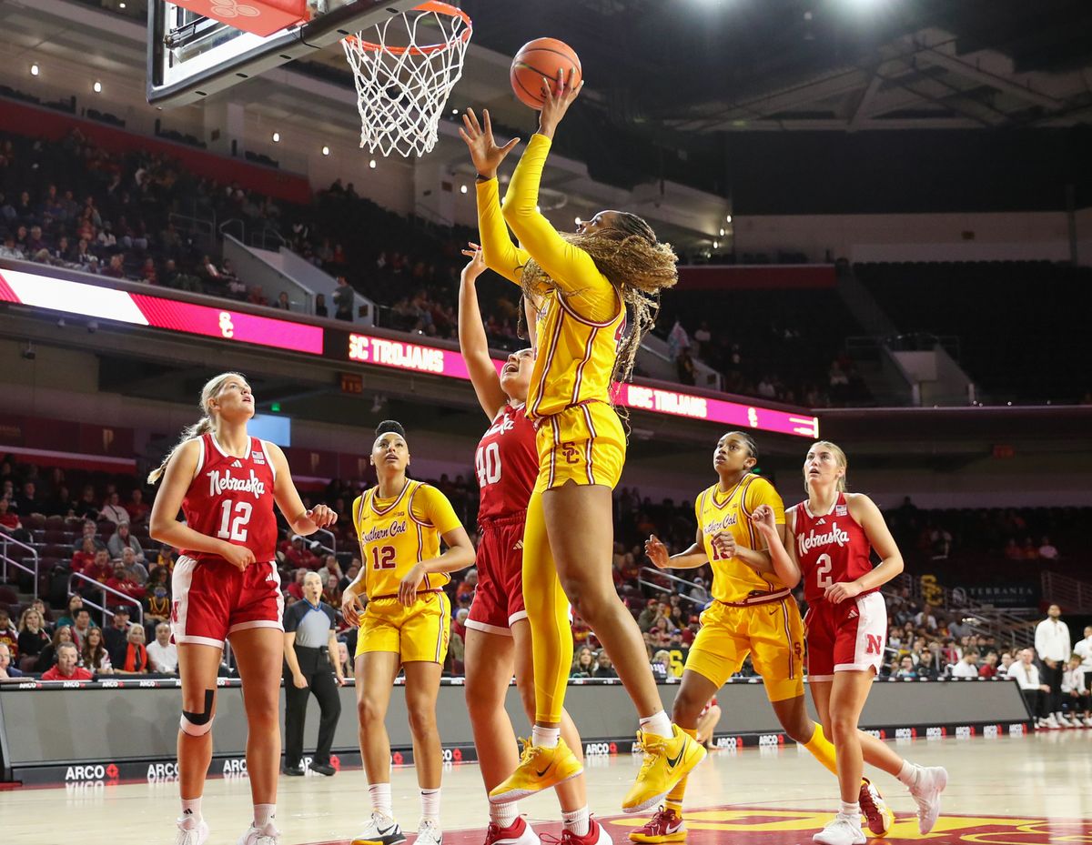 USC F (44) Kiki Irafen attempts a layup against the Nebraska Cornhuskers on January 1, 2025 at the Galen Center in Los Angeles, CA.