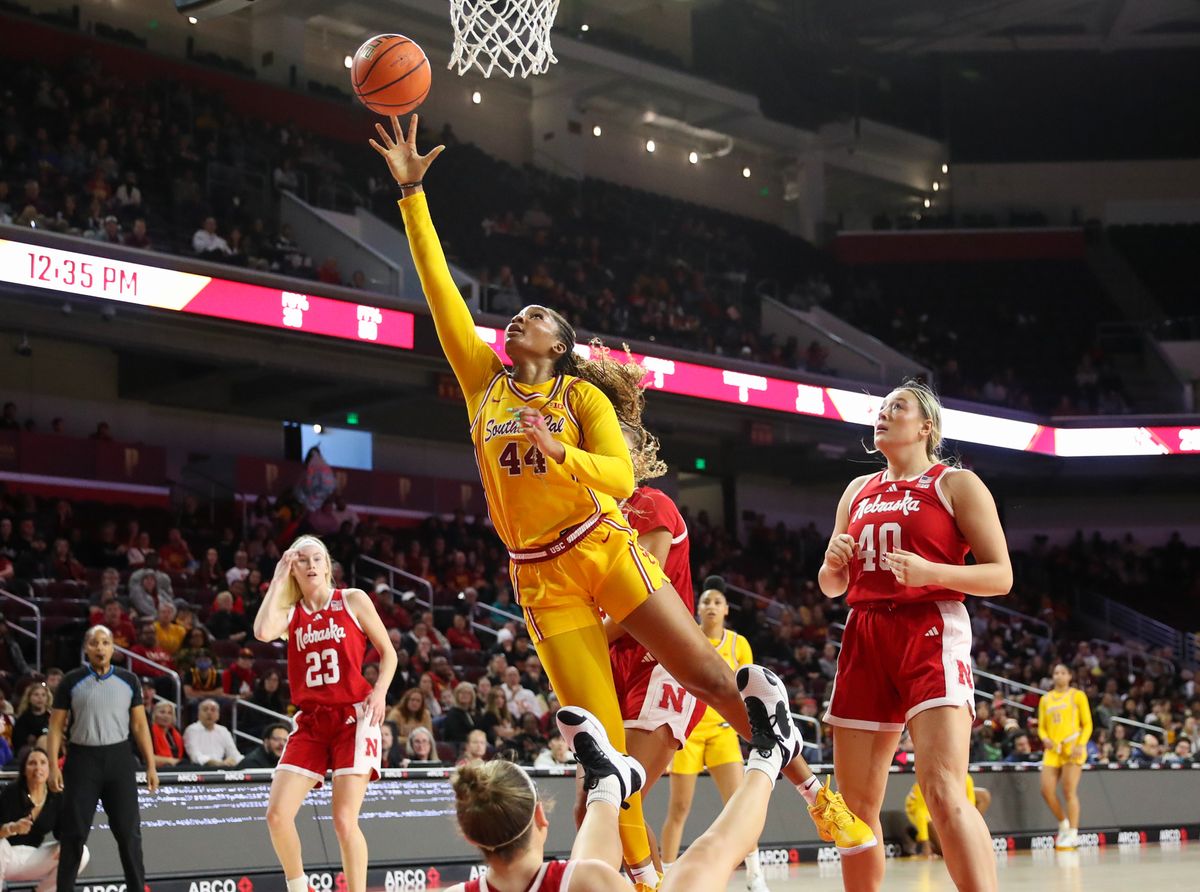 USC F (44) Kiki Irafen attempts a layup against the Nebraska Cornhuskers on January 1, 2025 at the Galen Center in Los Angeles, CA.