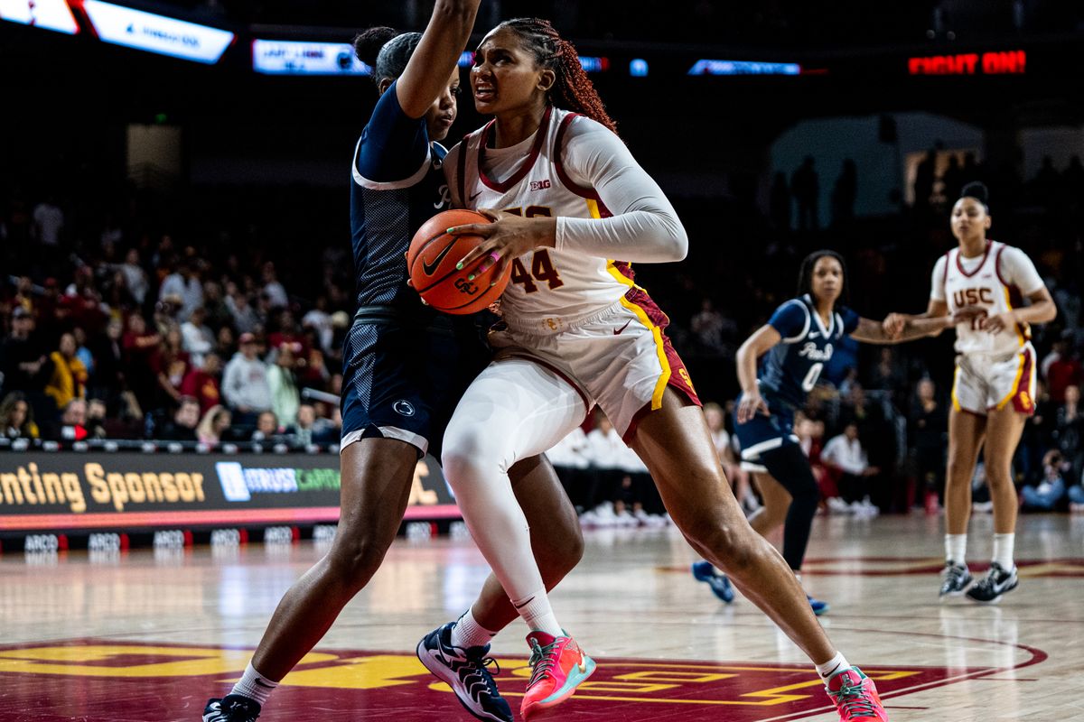 USC F KiKi Iriafen (44) drives to the basket in a game against Penn State, Sunday January 12, 2025 in Los Angeles, Calif.