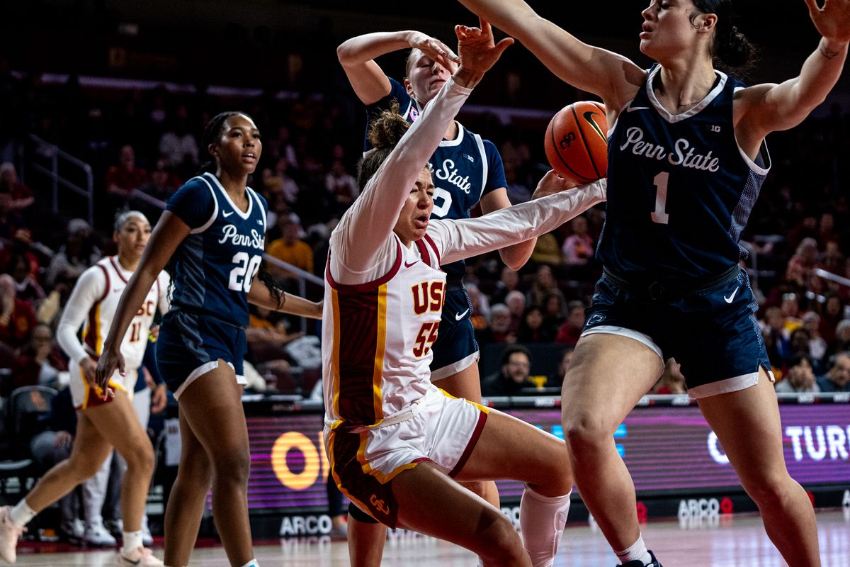 USC G Talia von Oelhoffen (55) gets thrown to the ground in a game against Penn State, Sunday January 12, 2025 in Los Angeles, Calif.