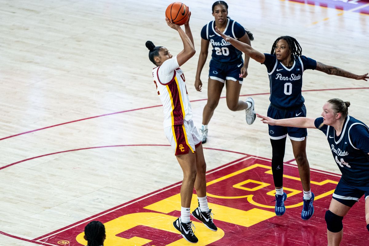 USC G JuJu Watkins (12) shoots a pull up jumper in a game against Penn State, Sunday January 12, 2025 in Los Angeles, Calif.
