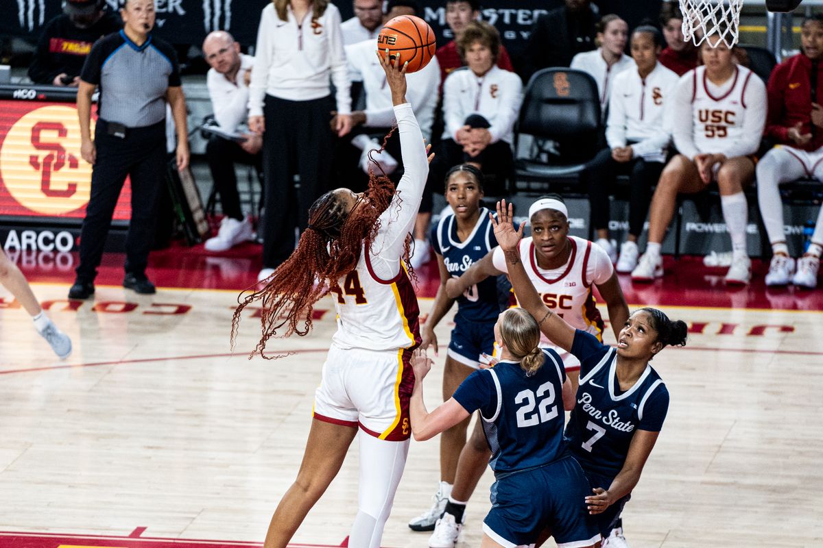 USC F KiKi Iriafen (44) attacks the rim in a game against Penn State, Sunday January 12, 2025 in Los Angeles, Calif.
