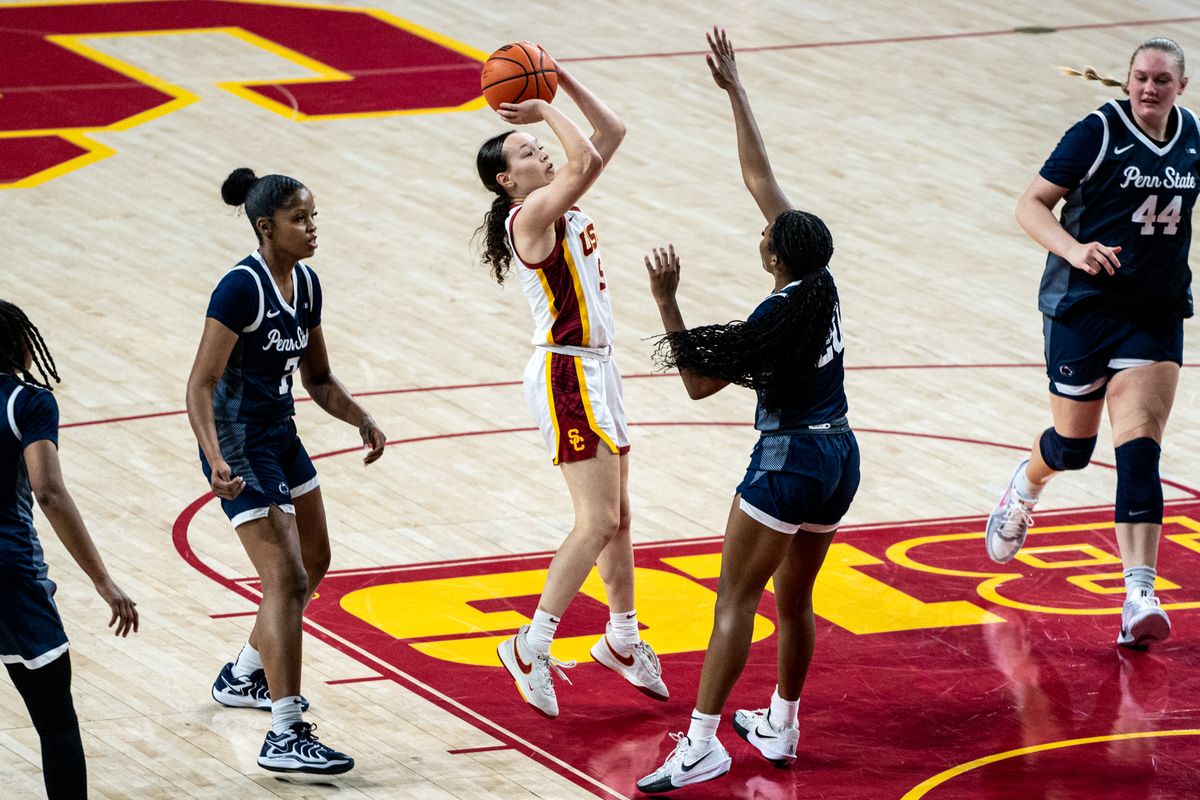 USC G Kayleigh Heckel (9) shoots over the defender in a game against Penn State, Sunday January 12, 2025 in Los Angeles, Calif.