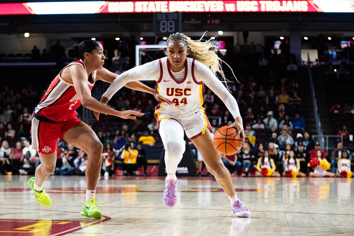 USC forward Kiki Iriafen (44) drives to the basket in a game against Ohio State, Saturday February 8th, 2025 in Los Angeles, Calif.