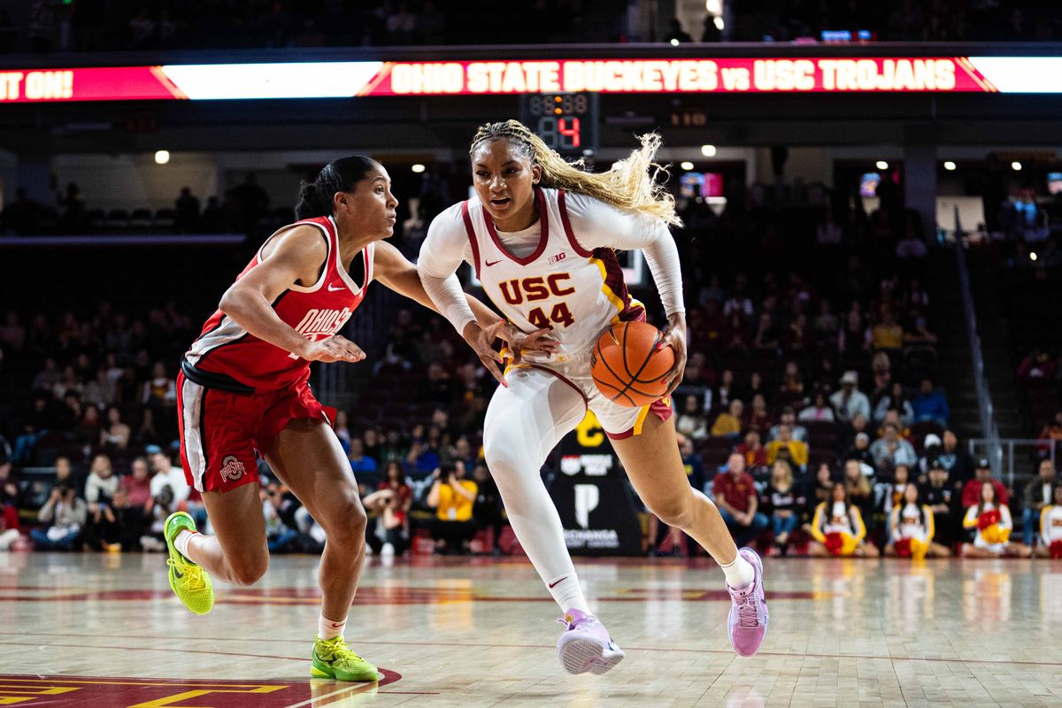 USC forward Kiki Iriafen (44) drives to the basket in a game against Ohio State, Saturday February 8th, 2025 in Los Angeles, Calif.