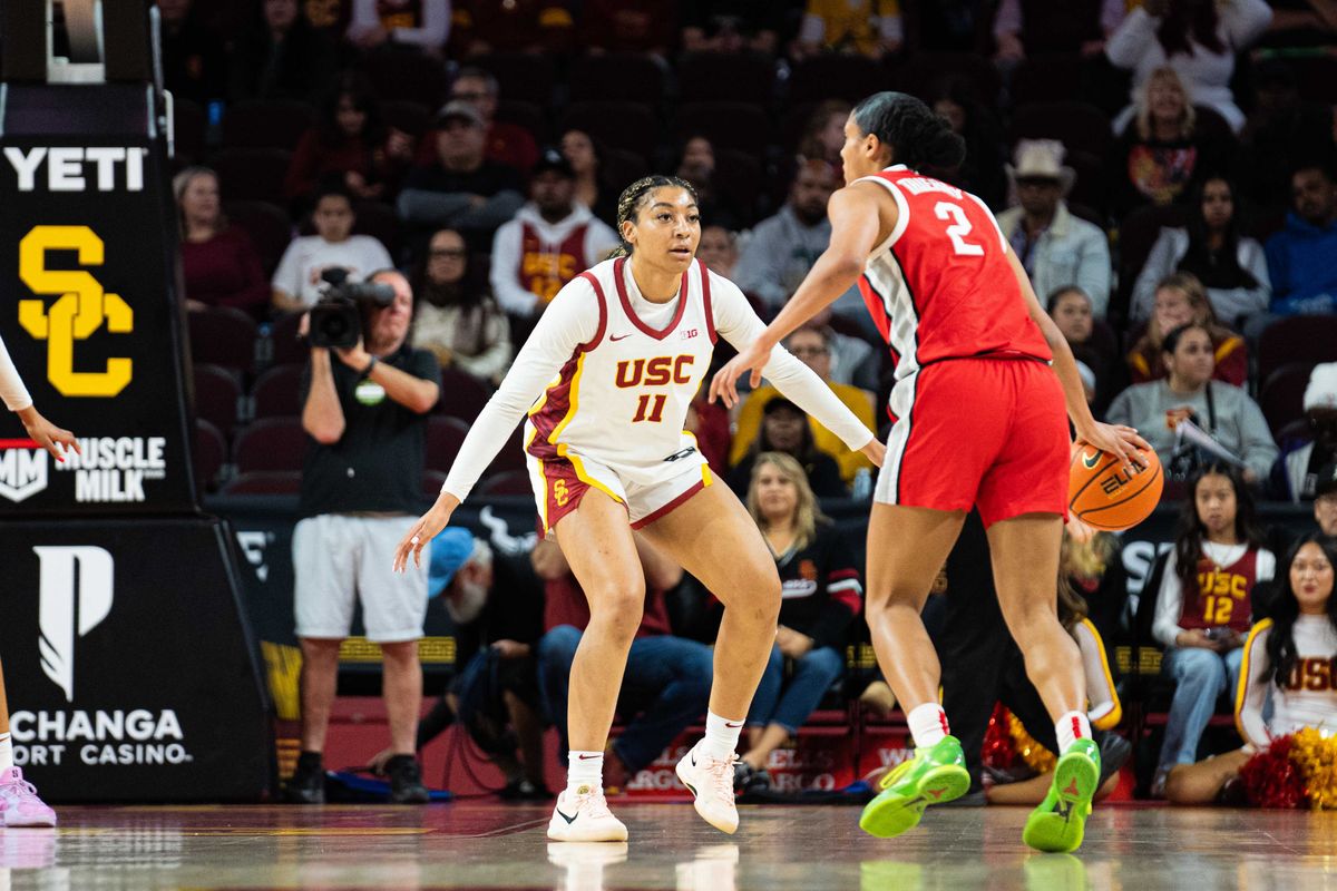 USC guard Kennedy Smith (11) plays defense in a game against Ohio State, Saturday February 8th, 2025 in Los Angeles, Calif.