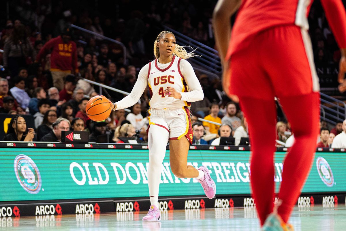 USC forward Kiki Iriafen (44) dribbles the ball up the court in a game against Ohio State, Saturday February 8th, 2025 in Los Angeles, Calif.
