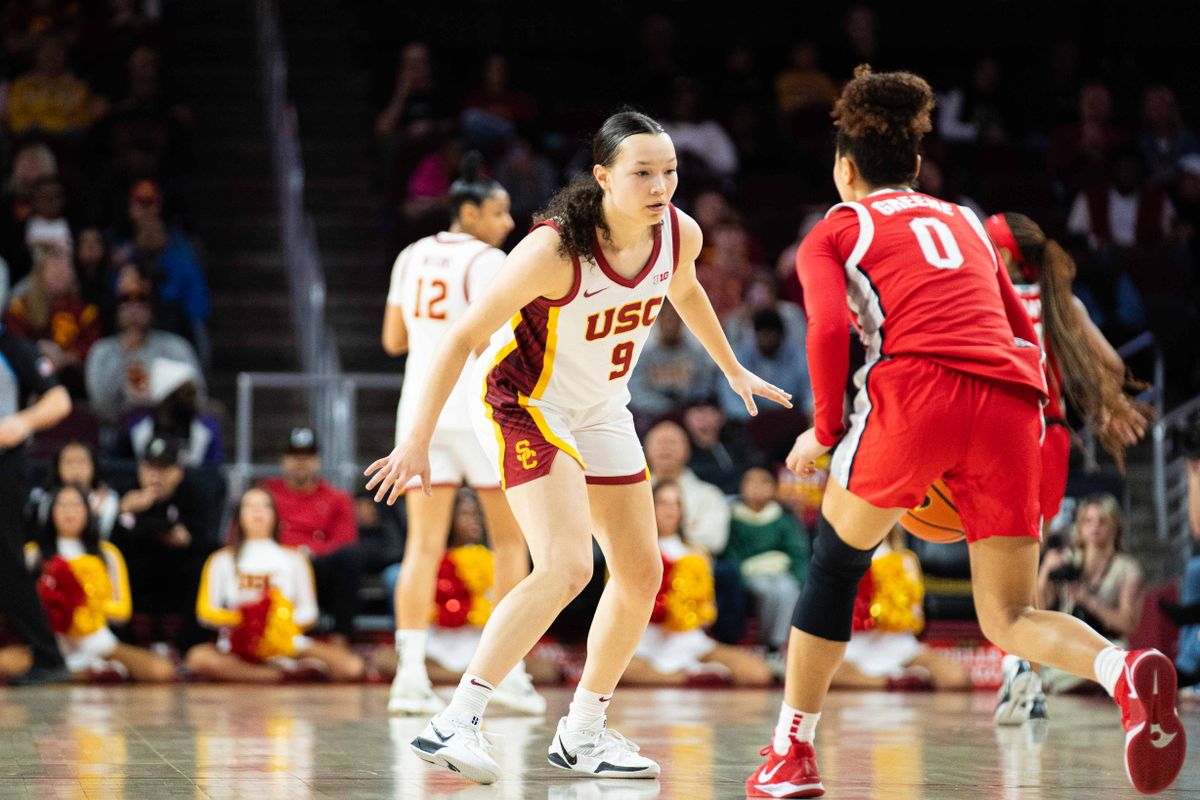 USC guard Kayleigh Heckel (9) plays defense in a game against Ohio State, Saturday February 8th, 2025 in Los Angeles, Calif.