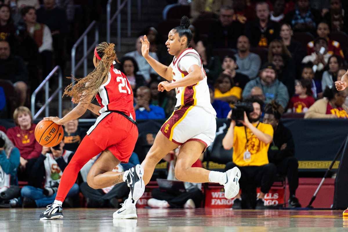 USC guard Juju Watkins (12) plays defense and slides her feet in a game against Ohio State, Saturday February 8th, 2025 in Los Angeles, Calif.