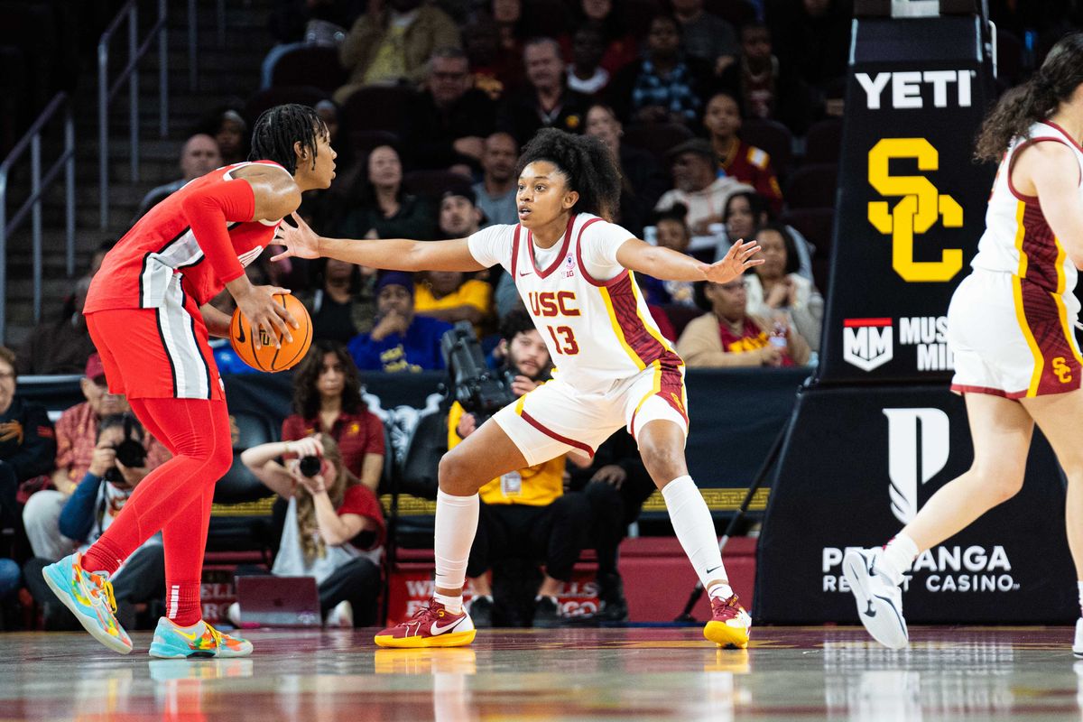 USC center Rayah Marshall (13) gets in a defensive stance in a game against Ohio State, Saturday February 8th, 2025 in Los Angeles, Calif.