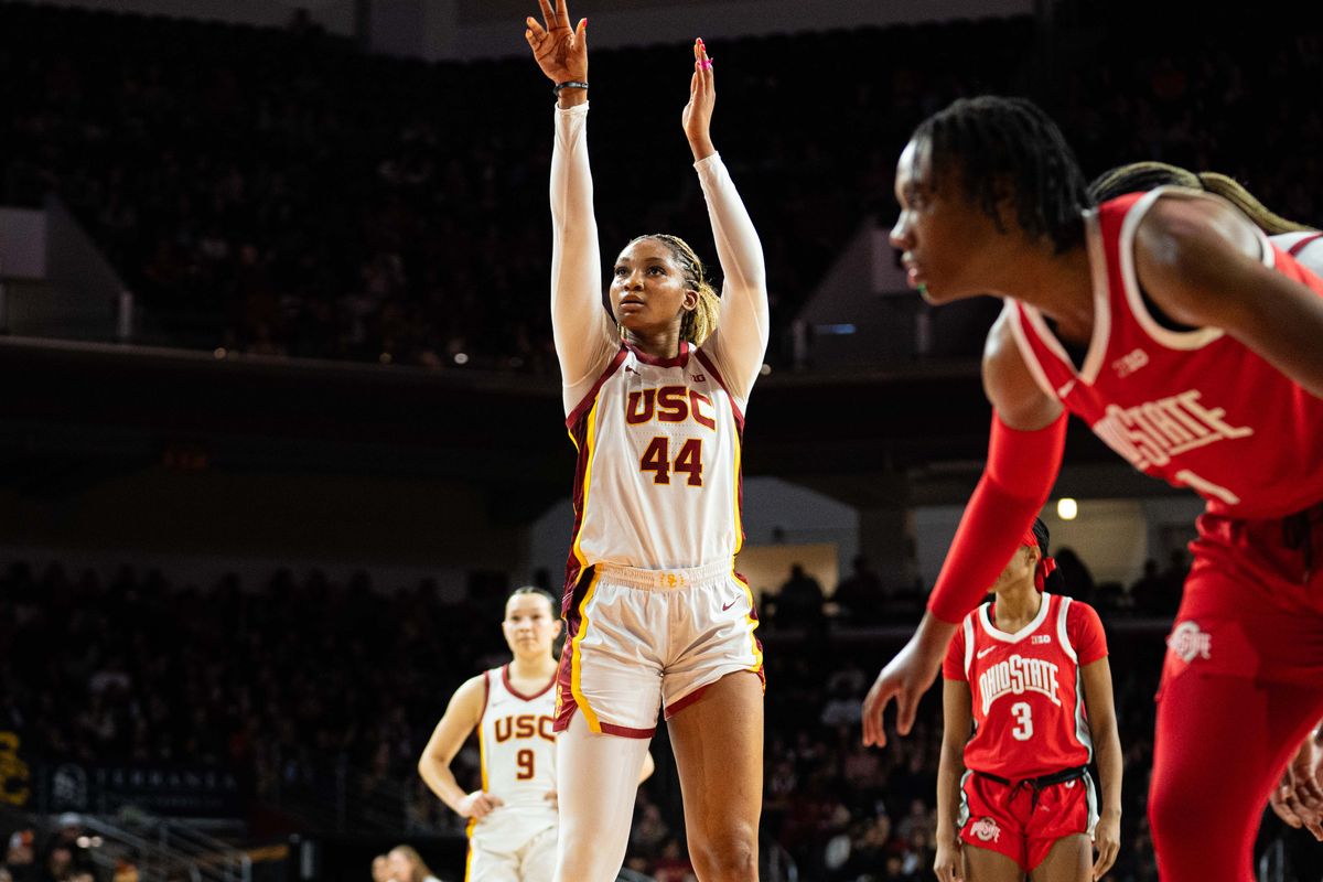 USC forward Kiki Iriafen (44) shoots a free throw in a game against Ohio State, Saturday February 8th, 2025 in Los Angeles, Calif.