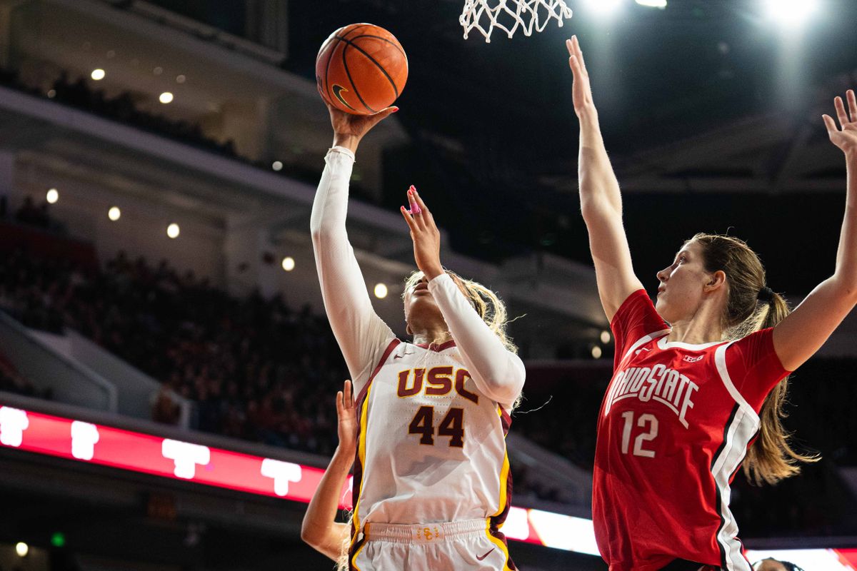 USC forward Kiki Iriafen (44) goes up for a layup in a game against Ohio State, Saturday February 8th, 2025 in Los Angeles, Calif.