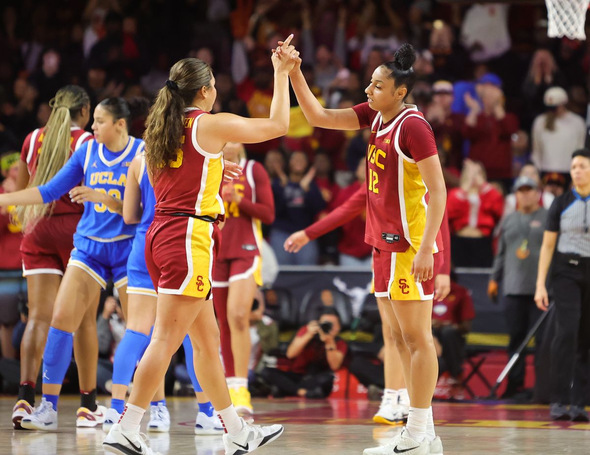 USC G (12) JuJu Watkins celebrates a defensive stop with teammate in the second half against UCLA on February 13, 2025 at the Galen Center in Los Angeles, CA. USC G (12) JuJu Watkins celebrates a defensive stop with teammate in the second half against UCLA on February 13, 2025 at the Galen Center in Los Angeles, CA.