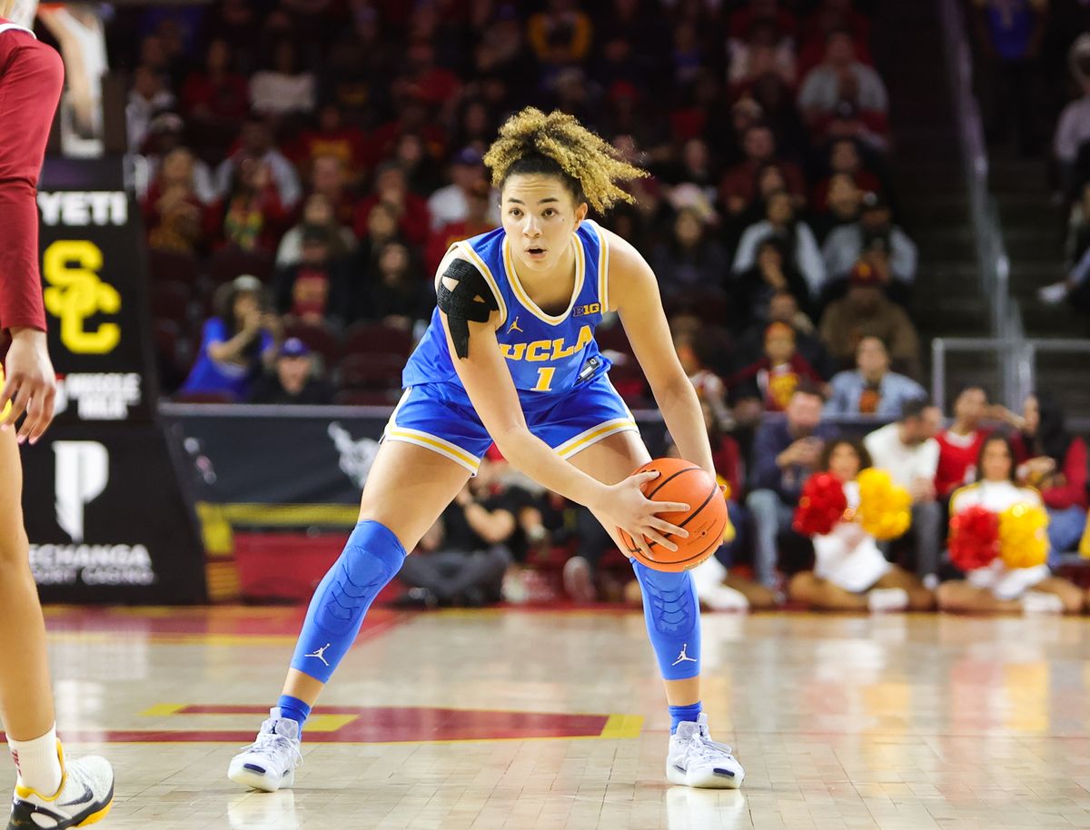 UCLA G (1) Kiki Rice surveys the floor against USC on February 13, 2025 at the Galen Center in Los Angeles, CA. UCLA G (1) Kiki Rice surveys the floor against USC on February 13, 2025 at the Galen Center in Los Angeles, CA.