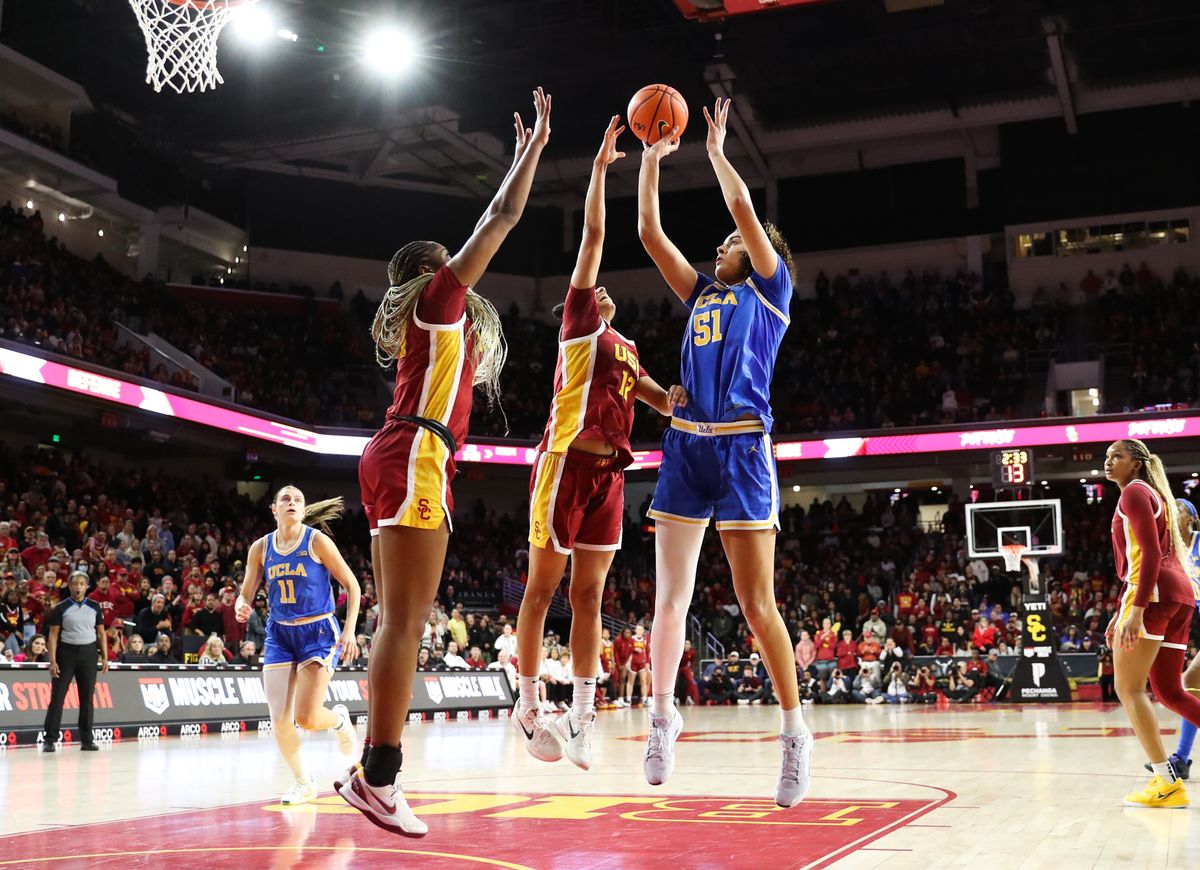 UCLA F (51) Lauren Betts shoots a jumpshot against USC on February 13, 2025 at the Galen Center in Los Angeles, CA. UCLA F (51) Lauren Betts shoots a jumpshot against USC on February 13, 2025 at the Galen Center in Los Angeles, CA.