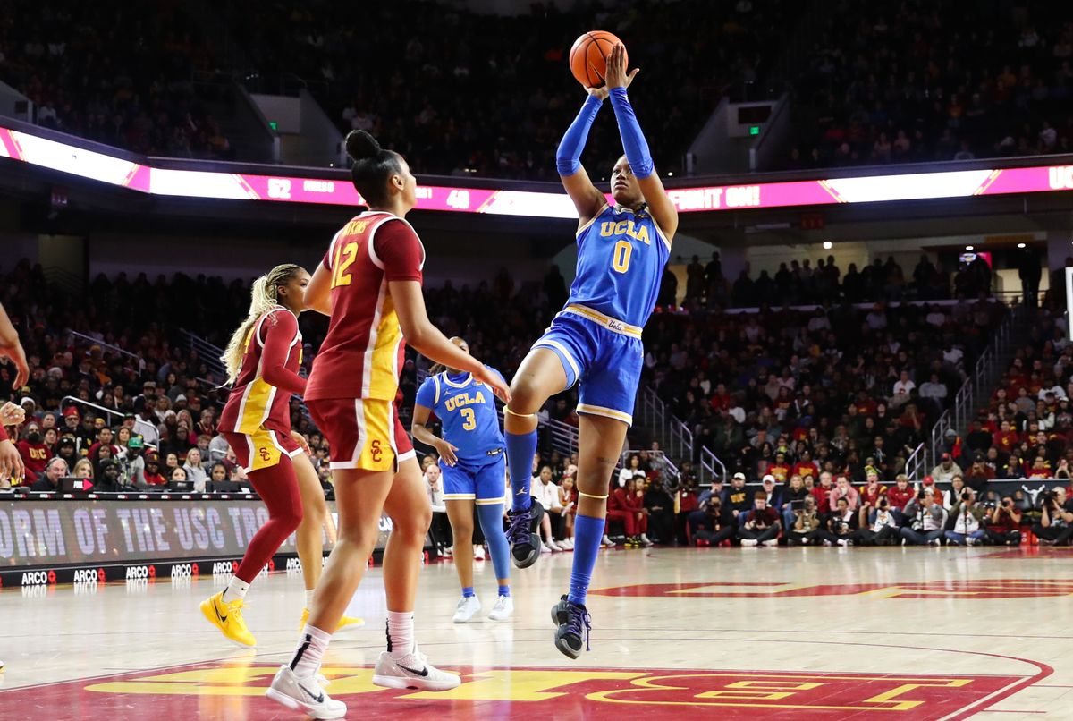 UCLA F (0) Janiah Barker shoots a jumpshot against USC on February 13, 2025 at the Galen Center in Los Angeles, CA. UCLA F (0) Janiah Barker shoots a jumpshot against USC on February 13, 2025 at the Galen Center in Los Angeles, CA.