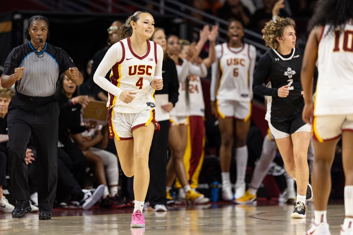 USC Guard Rian Forestier (4) celebrates during a Big Ten basketball game against the New Mexico, Tuesday November 4, 2025 in Los Angeles, Calif.