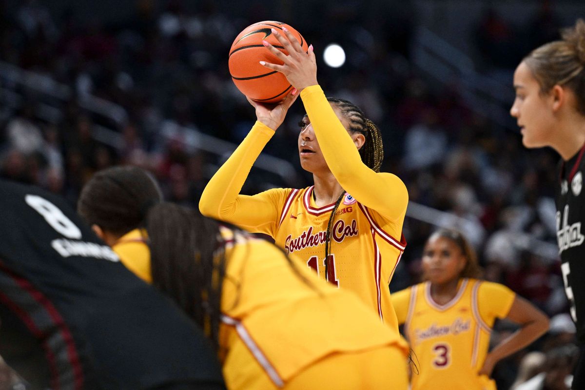 USC guard Kennedy Smith (11) shoots a free throw during an NCAA basketball game against the South Carolina Gamecocks, Saturday November 15th, 2025 in Los Angeles, Calif.