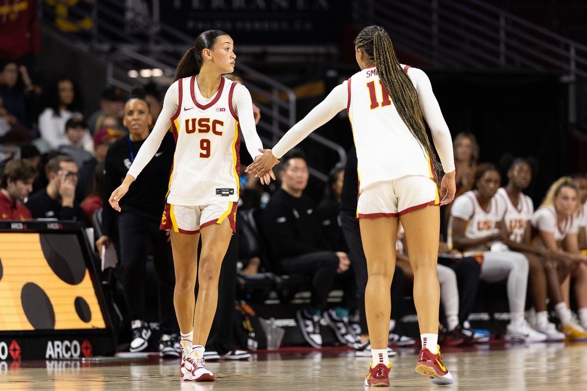 USC guard Jazzy Davidson (9) celebrates during a Big Ten college basketball game against the Portland Pilots, Tuesday November 18, 2025 in Los Angeles.