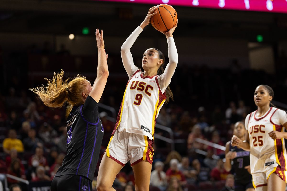 USC guard Jazzy Davidson (9) shoots during a Big Ten college basketball game against the Portland Pilots, Tuesday November 18, 2025 in Los Angeles.