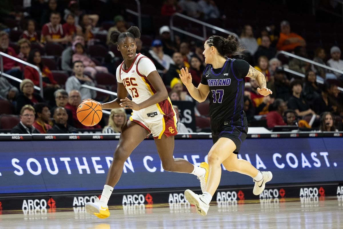 USC forward Dayana Mendes (13) dribbles during a Big Ten college basketball game against the Portland Pilots, Tuesday November 18, 2025 in Los Angeles.