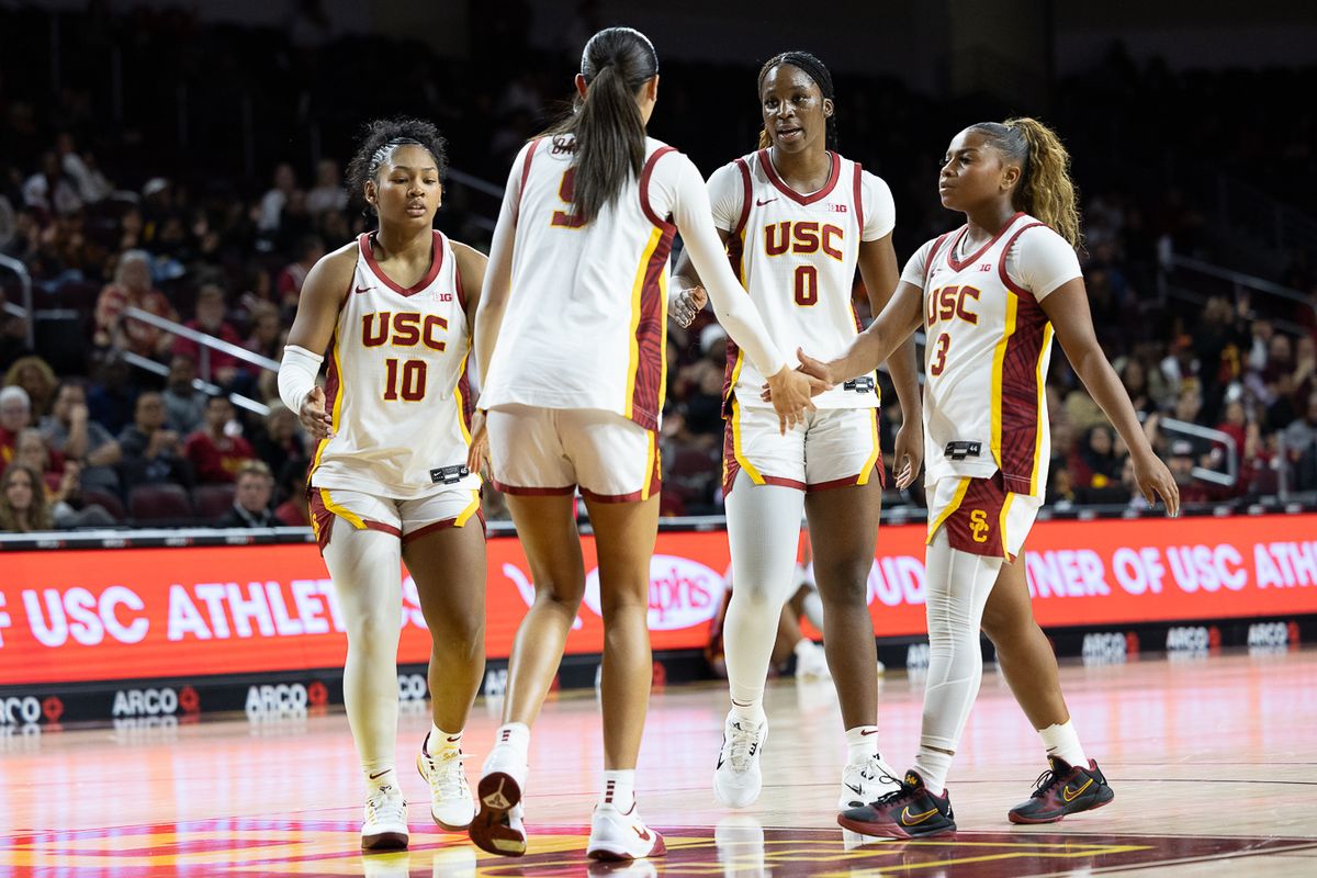USC guard Jazzy Davidson (9) celebrates with her teammates during a Big Ten college basketball game against the Portland Pilots, Tuesday November 18, 2025 in Los Angeles.