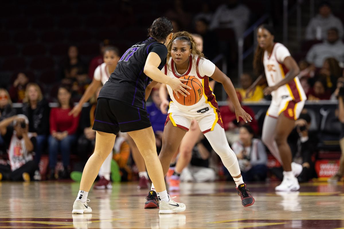 USC guard Londynn Jones (3) defends during a Big Ten college basketball game against the Portland Pilots, Tuesday November 18, 2025 in Los Angeles.