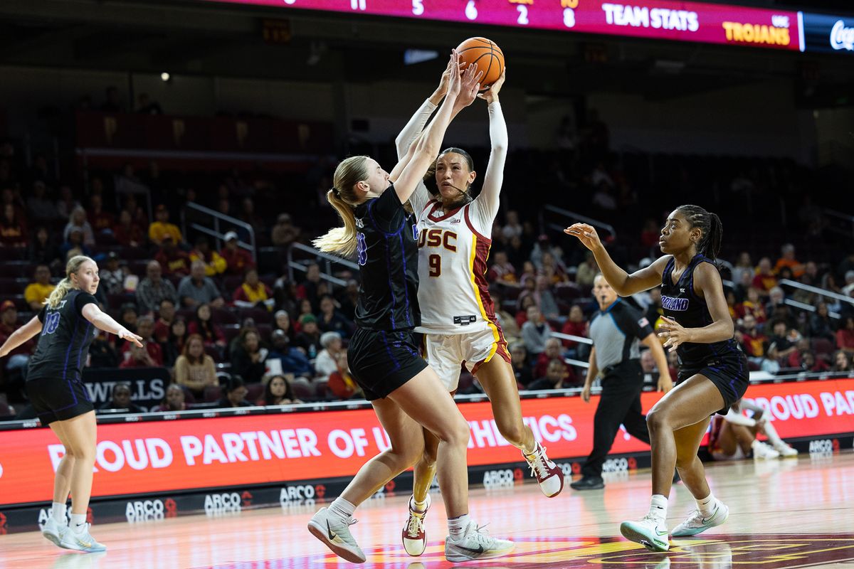 USC guard Jazzy Davidson (9) shoots during a Big Ten college basketball game against the Portland Pilots, Tuesday November 18, 2025 in Los Angeles.