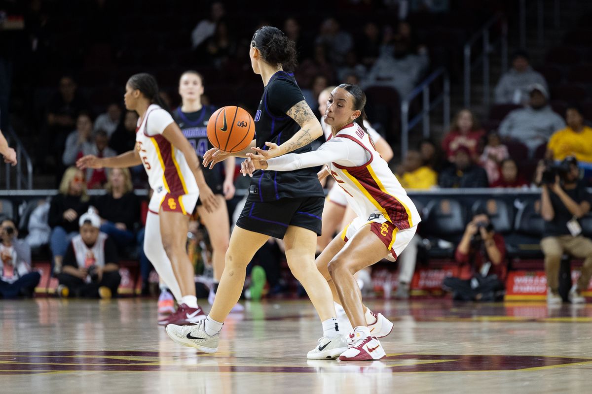 USC guard Jazzy Davidson (9) steals the ball during a Big Ten college basketball game against the Portland Pilots, Tuesday November 18, 2025 in Los Angeles.
