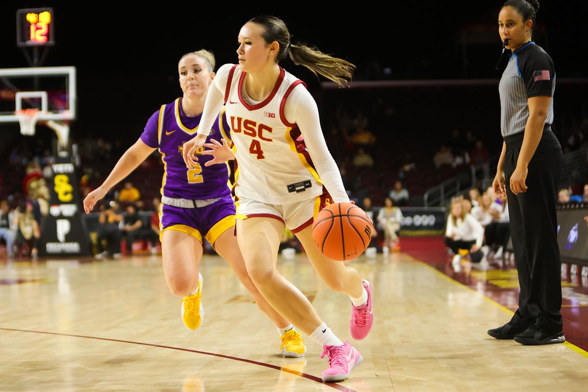 #4 G Rian Forestier of USC drives the lane during an NCAA basketball game against Tennessee Tech on November 25, 2025 in Los Angeles, CA.