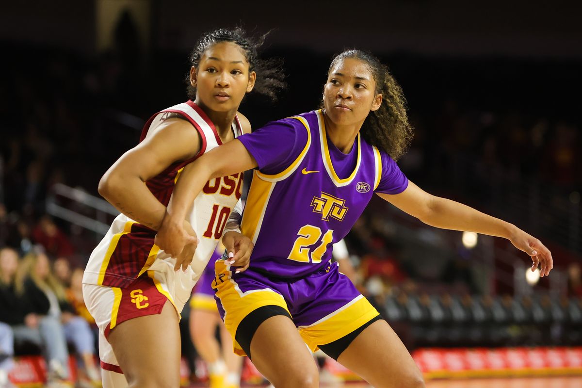 #10 G Malia Samuels of USC guards #21 G Chloe Larry of Tennessee Tech during an NCAA basketball game on November 25, 2025 in Los Angeles, CA.
