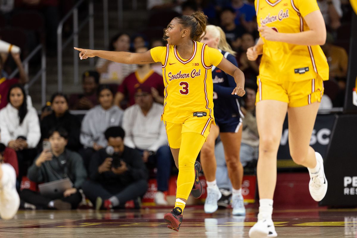 USC guard Londynn Jones (3) celebrates during a Big Ten college basketball game against the Pepperdine Waves, Friday November 28, 2025 in Los Angeles.