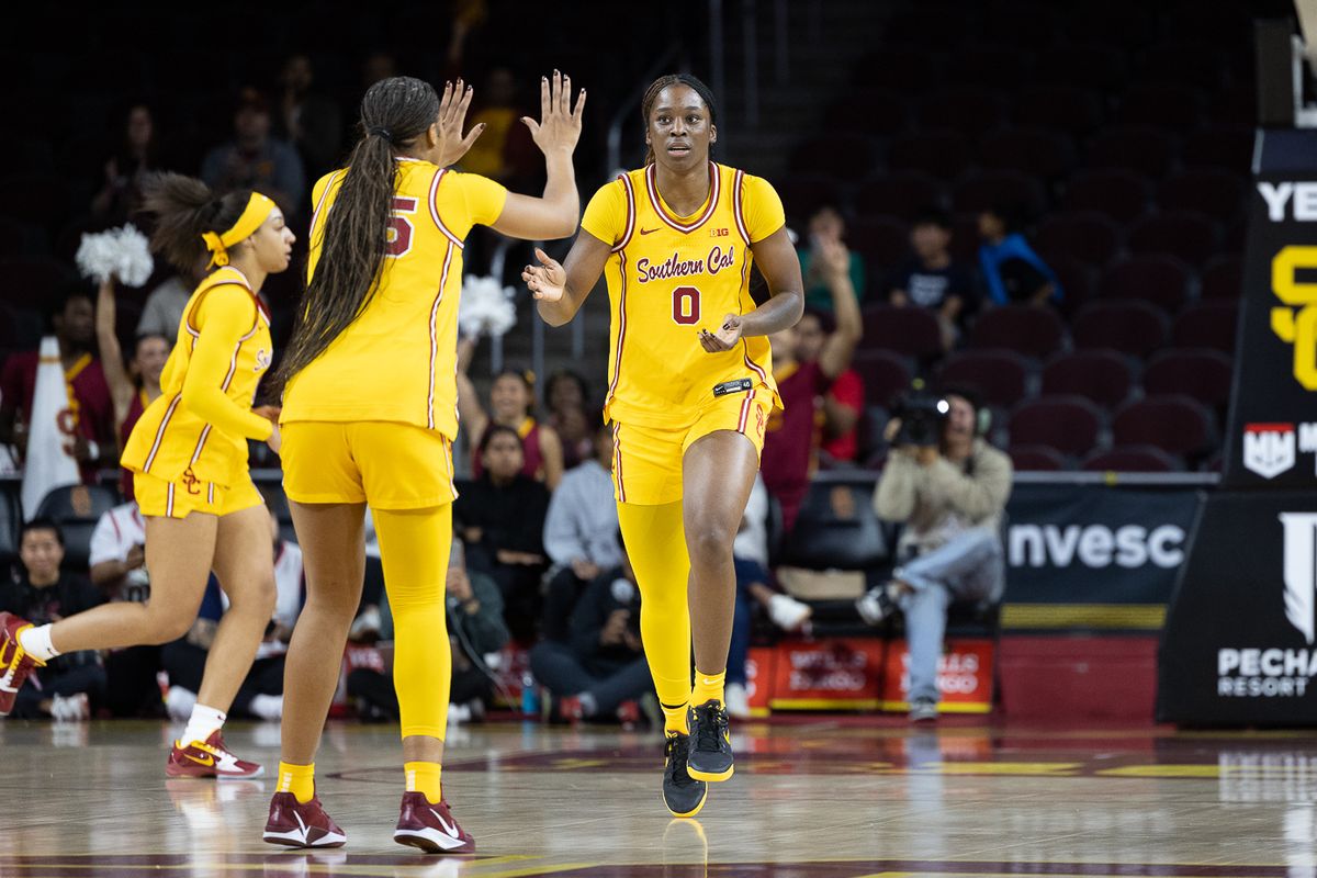 USC forward Vivian Iwuchukwu (0) celebrates during a Big Ten college basketball game against the Pepperdine Waves, Friday November 28, 2025 in Los Angeles.